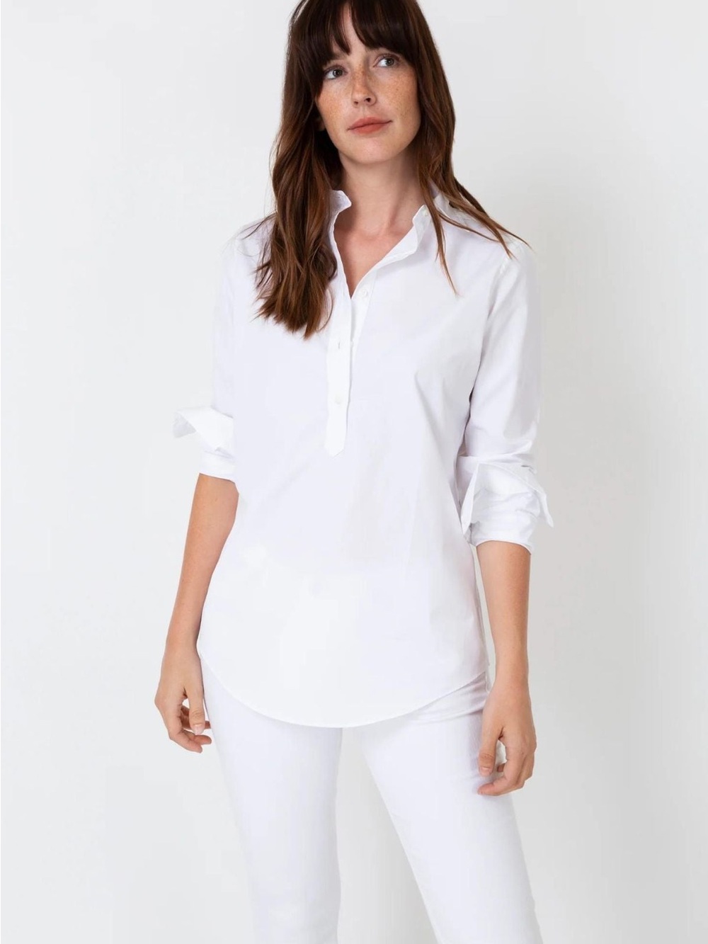 ANN MASHBURN White Button-Front Tunic with Sleeve Ties